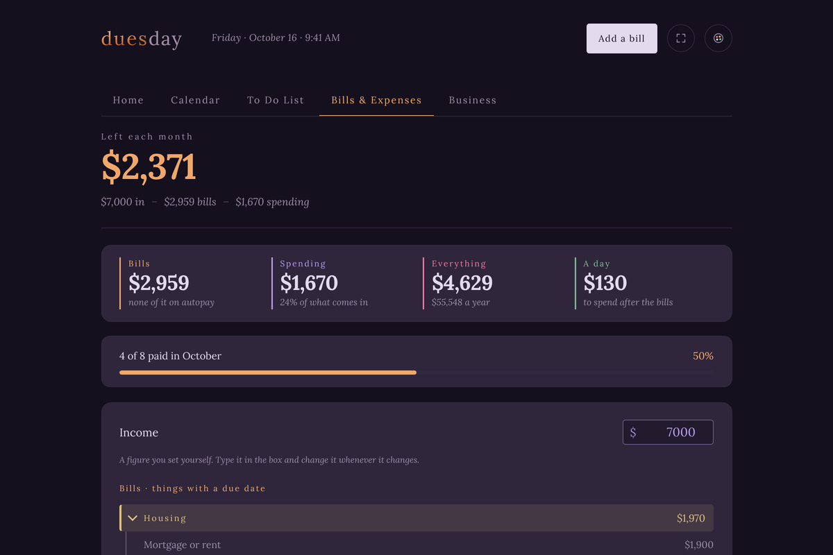 Bills and Expenses: what is left each month in large figures, then bills, spending, everything and a day, a bar showing how much of the month is paid, and every bill grouped into sections.