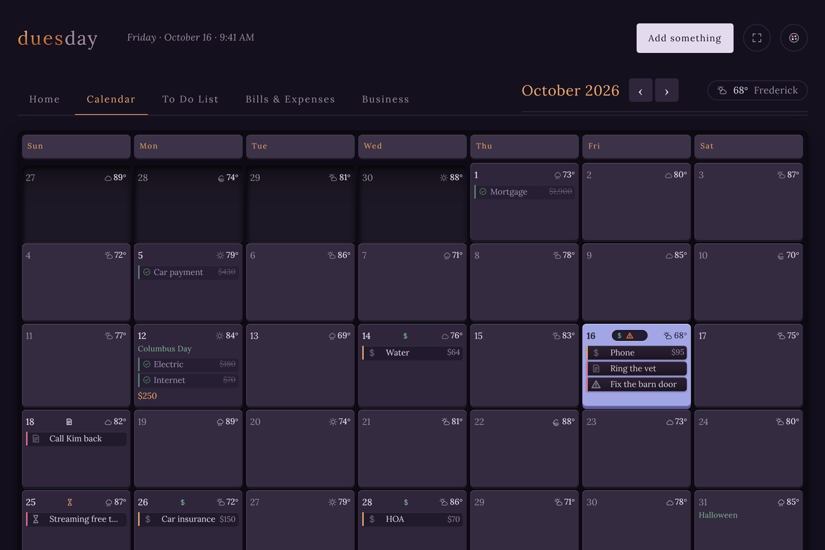 The calendar: a month of raised tiles carrying bills, reminders and expiry dates with the weather on every day, today picked out as a lit tile.