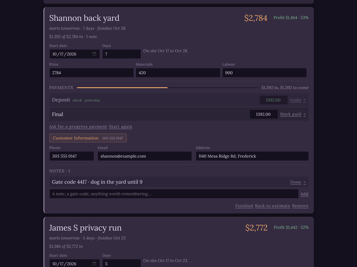 A job ticket: Shannon back yard, $2,784, profit $1,464 at 53 per cent, starting tomorrow for seven days, with start date, days, price, materials and labour, a deposit taken by check and a final still to come, the customer's phone, email and address, and a note about the gate code.
